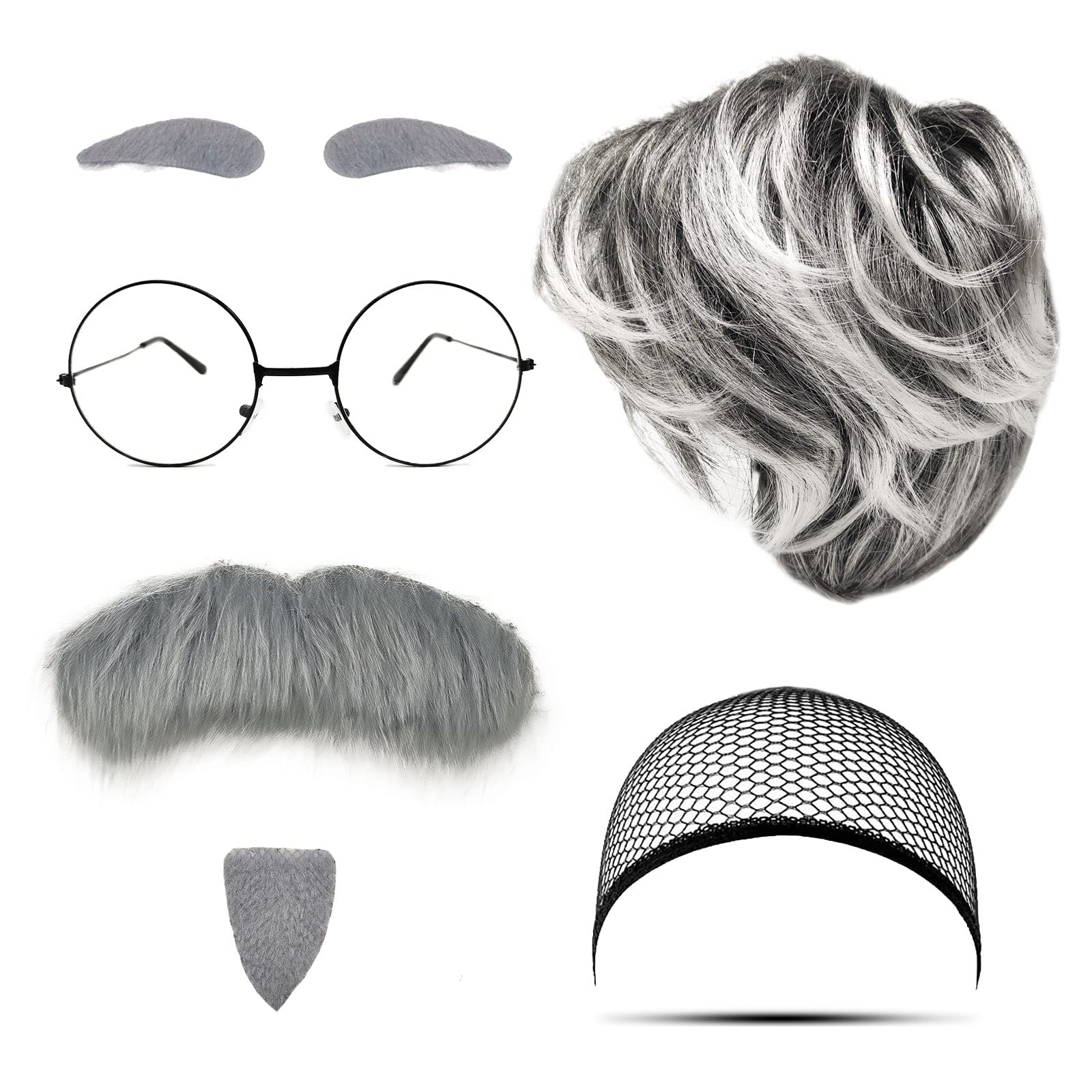 MIVAIUN 7 Pieces Old Man Costume Accessories Grandpa Set Wig Cap Gray Beard Eyebrows Glasses Grandfather Dress Up for Halloween Party Stage Show Festival Cosplay (Grandpa Set), (MIVAIUN-LNRTZ)