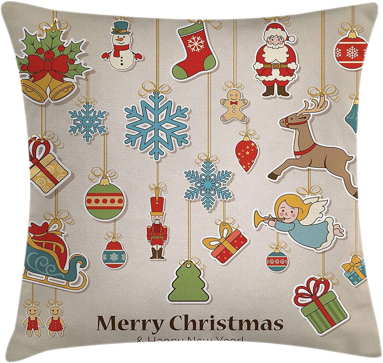 vnsukdlfg Christmas Throw Pillow Cushion Cover, Noel Xmas Winter Holiday Themed Icons Celebratory Objects Retro Graphic Style, Decorative Square Accent Pillow Case, Multicolor, 20 X 20 Inches