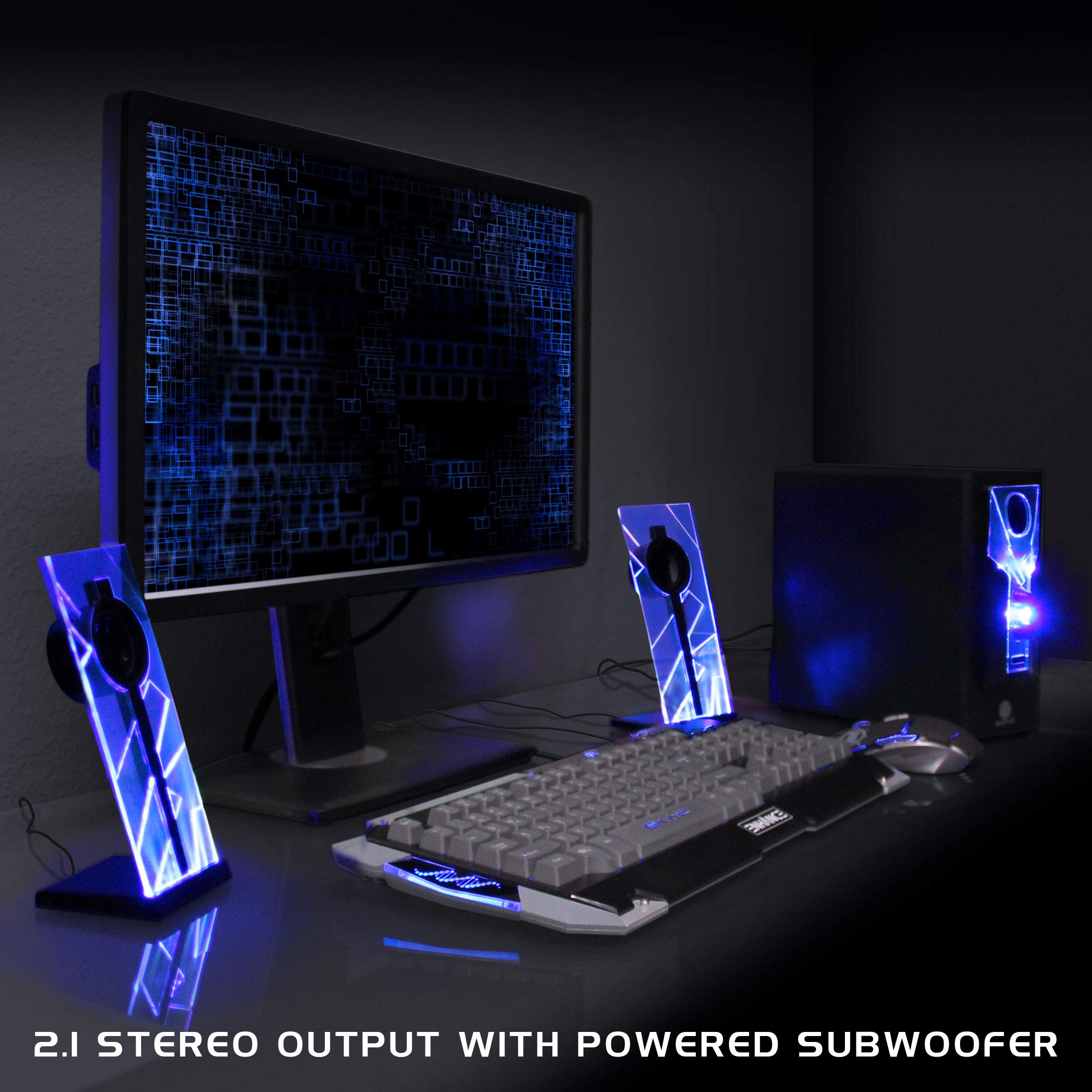 GOgroove BassPULSE 2.1 Computer Speakers with Blue LED Glow Lights and Powered Subwoofer - Gaming Speaker System for Music on Desktop, Laptop, PC with 40 Watts, Heavy Bass