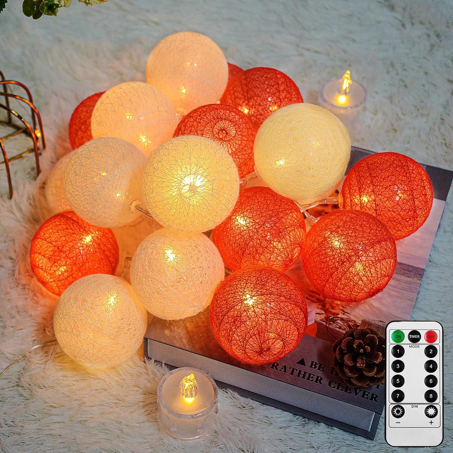 Ciskotu Fairy Lights LED String Lights - 3.8M 20 Pcs UK Plug 8 Lighting Mode Cotton Ball String Lights with Remote Control for Wedding Party Home Christmas Decoration
