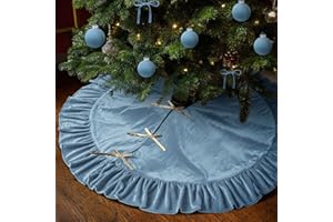 Vertintong 48 Inches Velvet Christmas Tree Skirt Haze Light Blue with Gold Bow Fur Plush Tree Skirt Luxury Xmas Skirts for Merry Christmas Party Vintage Holiday Decorations