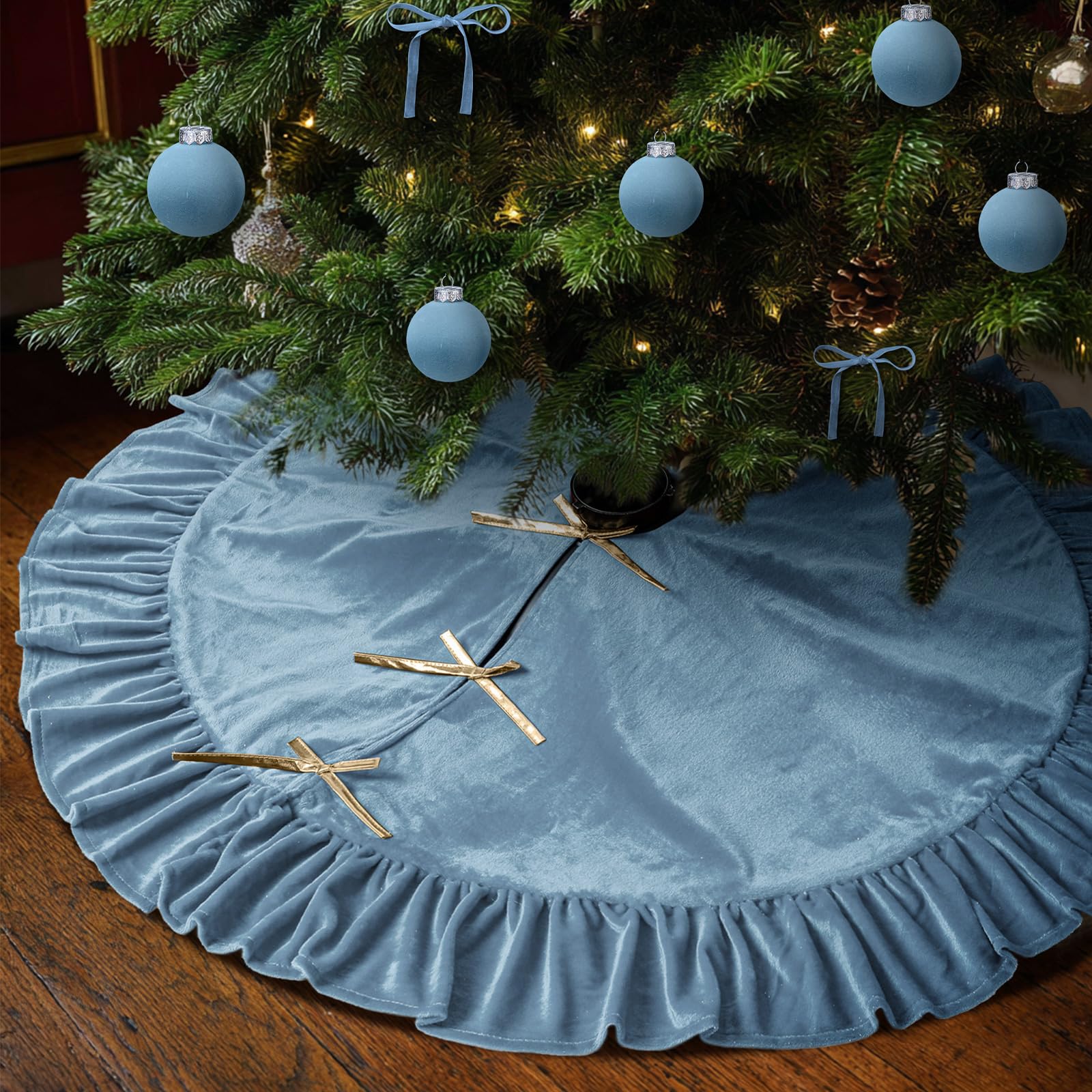 Photo 1 of Vertintong 48 Inches Velvet Christmas Tree Skirt Haze Light Blue with Gold Bow Fur Plush Tree Skirt Luxury Xmas Skirts for Merry Christmas Party Vintage Holiday Decorations
