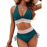 Blooming Jelly Women High Waisted Bikini Sets Tummy Control Swimsuits Color Block Two Piece Drawstring Bathing Suit