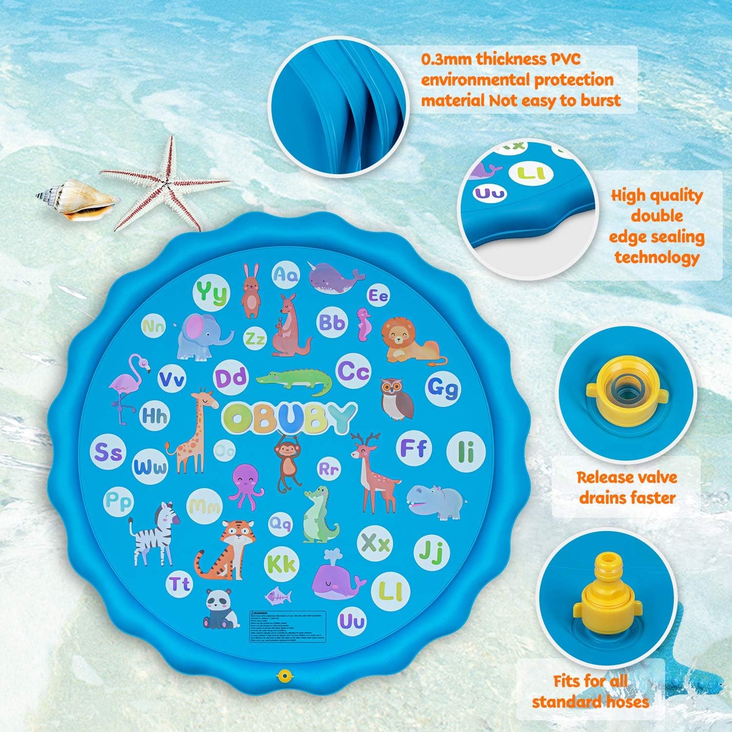 Obuby Sprinkler & Splash Play Mat for Kids, Splash Pad for Wading and Learning, 60" Children Outdoor Water Sprinkler Toys from A to Z Outdoor Swimming Pool for Babies Toddlers and Boys Girls: Toys & Games