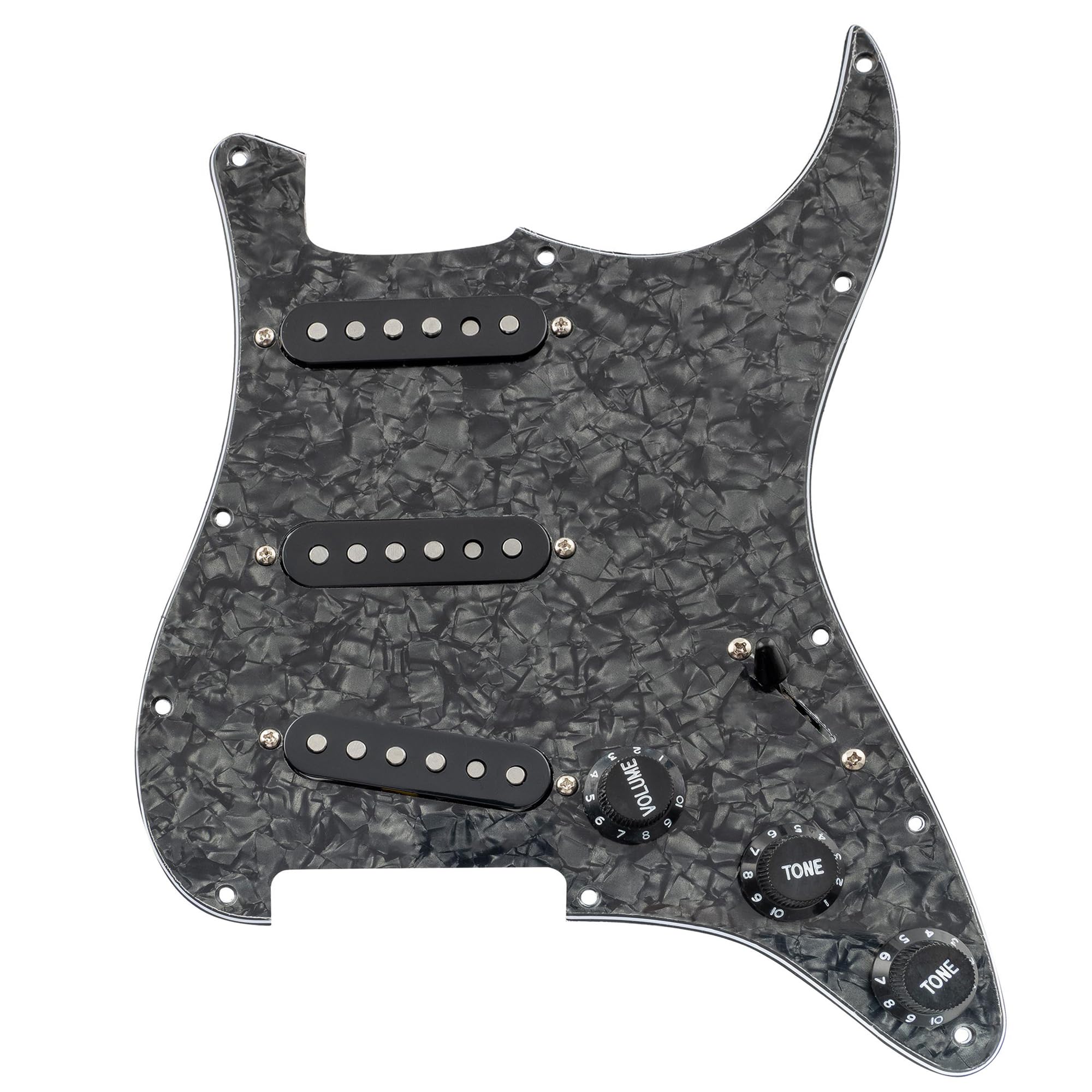 Musiclily Pro SE Pre-wired Standard SSS Pickguard with Staggered Alnico 5 Magnet Single Coil Pickups for ST Style Electric Guitar, 4ply Black Pearl