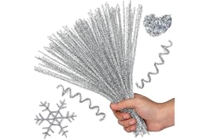 Hssugi Pipe Cleaners, 100PCS Christmas Pipe Cleaners Craft Supplies, Glitter Silvery Pipe Cleaners Bulk Fuzzy Sticks for DIY Art and Craft Projects Home Decoration