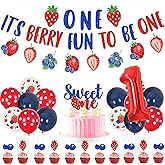 Berry First Birthday Decorations Strawberry Blueberry It’s Berry Fun to Be One Banner Sweet One Cake and Cupcake Toppers with Balloons for Fruit Themed 1st Birthday Party Supplies