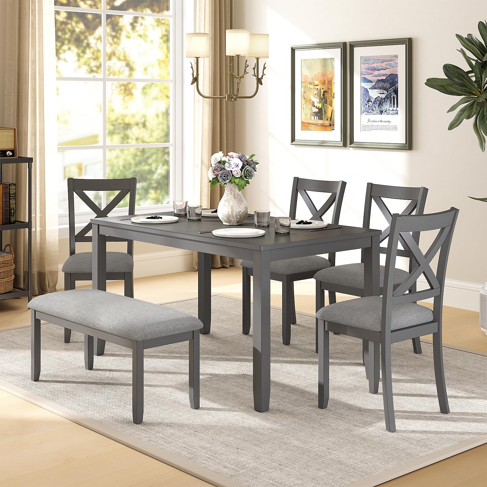 Photo 1 of ***BOX 1 OF 3**** Ther color may vary***
Evemomo, Piece Wooden Dining Table Set, Dining Table Set for 6, Including 1 Dining Table, 4 Upholstered Chairs and 1 Bench, Wooden Legs Dining Table, Table Set for Dining Room, Grey