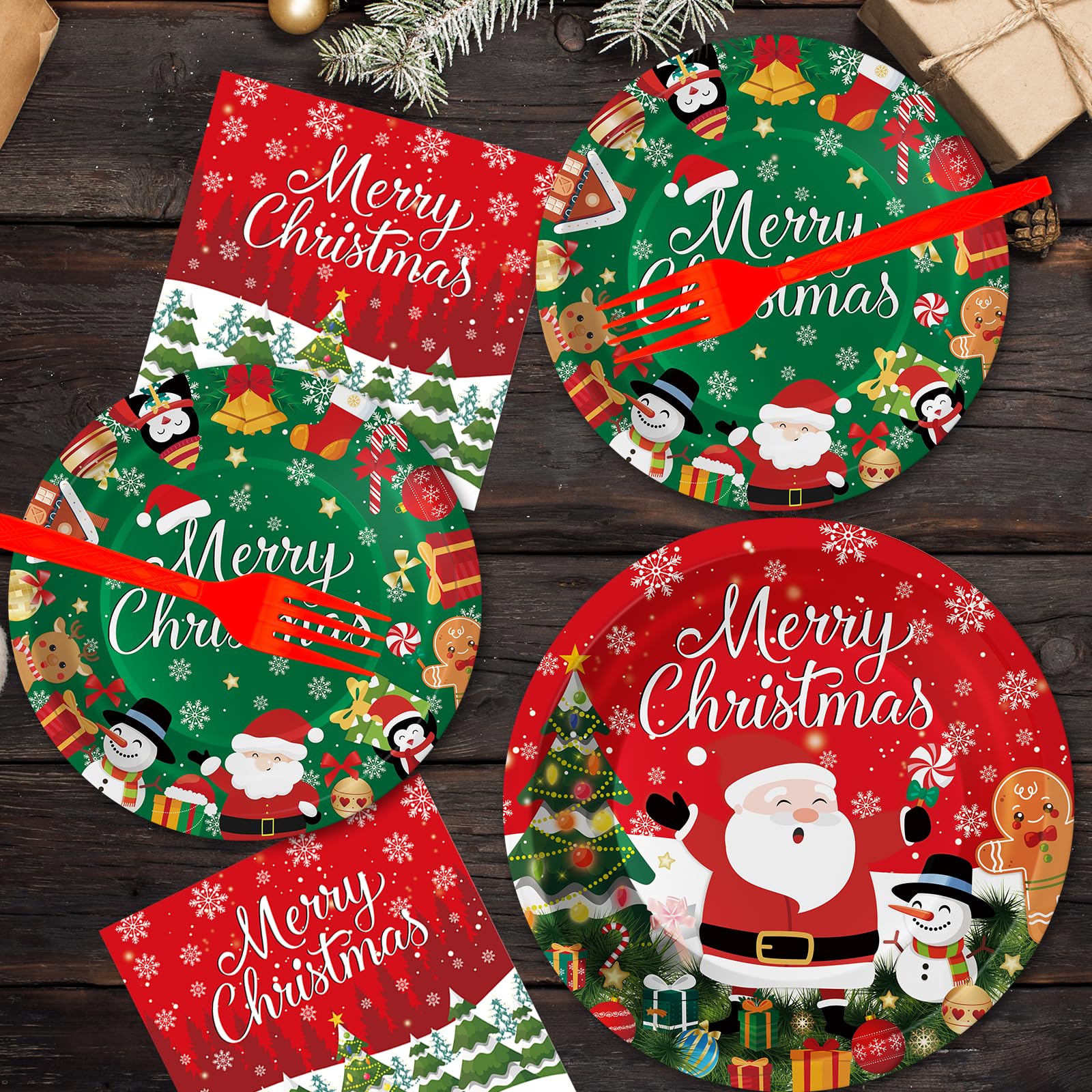 100 Pcs Merry Christmas Plates and Napkins Sets - Cute Winter Christmas Round Tableware, Disposable Chrismas Paper Plates and Napkins Forks for Xmas Party Supplies Favors Table Decor, Serves 25