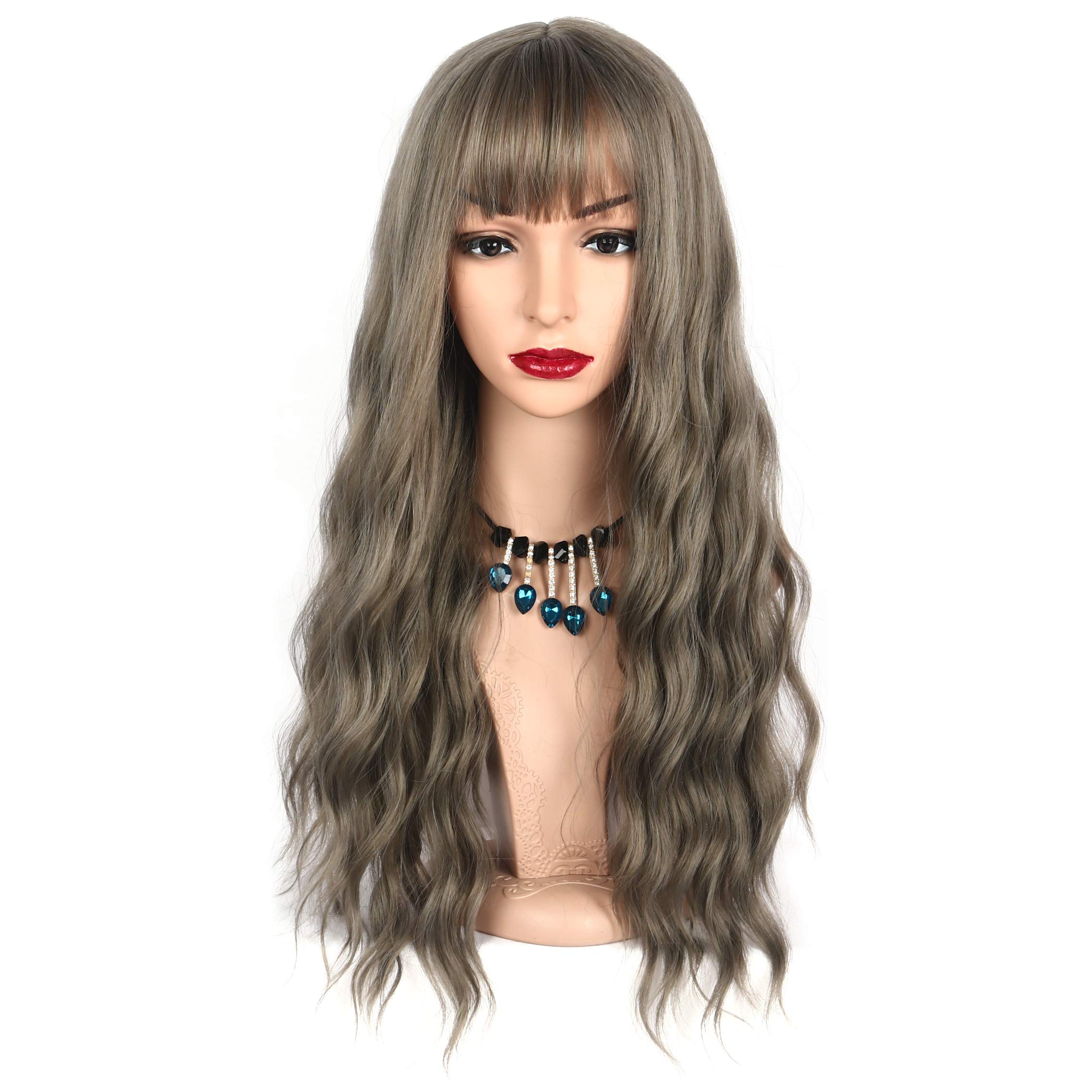 Chisu Synthetic Wigs With Bangs For Women Glueless Wigs Long Wavy Style Wig 26inches Green Linen Grey Color