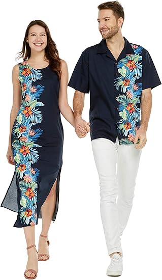 Amazon カップル マッチング ルアウ アロハシャツ マキシ タンクドレス オーキッド パラダイス ネイビー シャツ 通販
