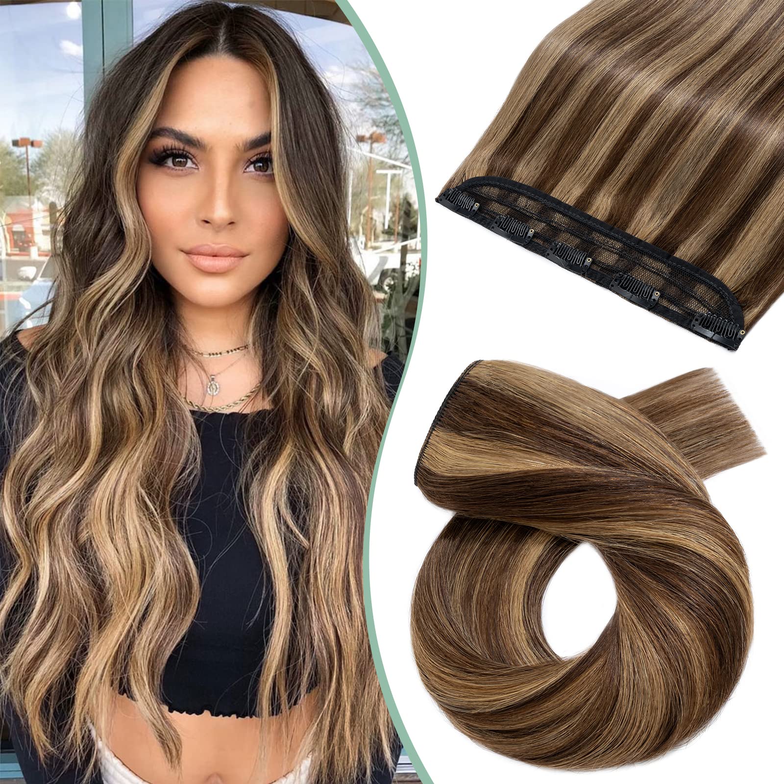 Silk-co 22"-55g One Piece Clip on Hair Extensions Seamless Clip in Hair Extensions #4P27 Medium Brown&Dark Blonde Real Remy Human Hair Extension 3/4 Half Head Natural Straight