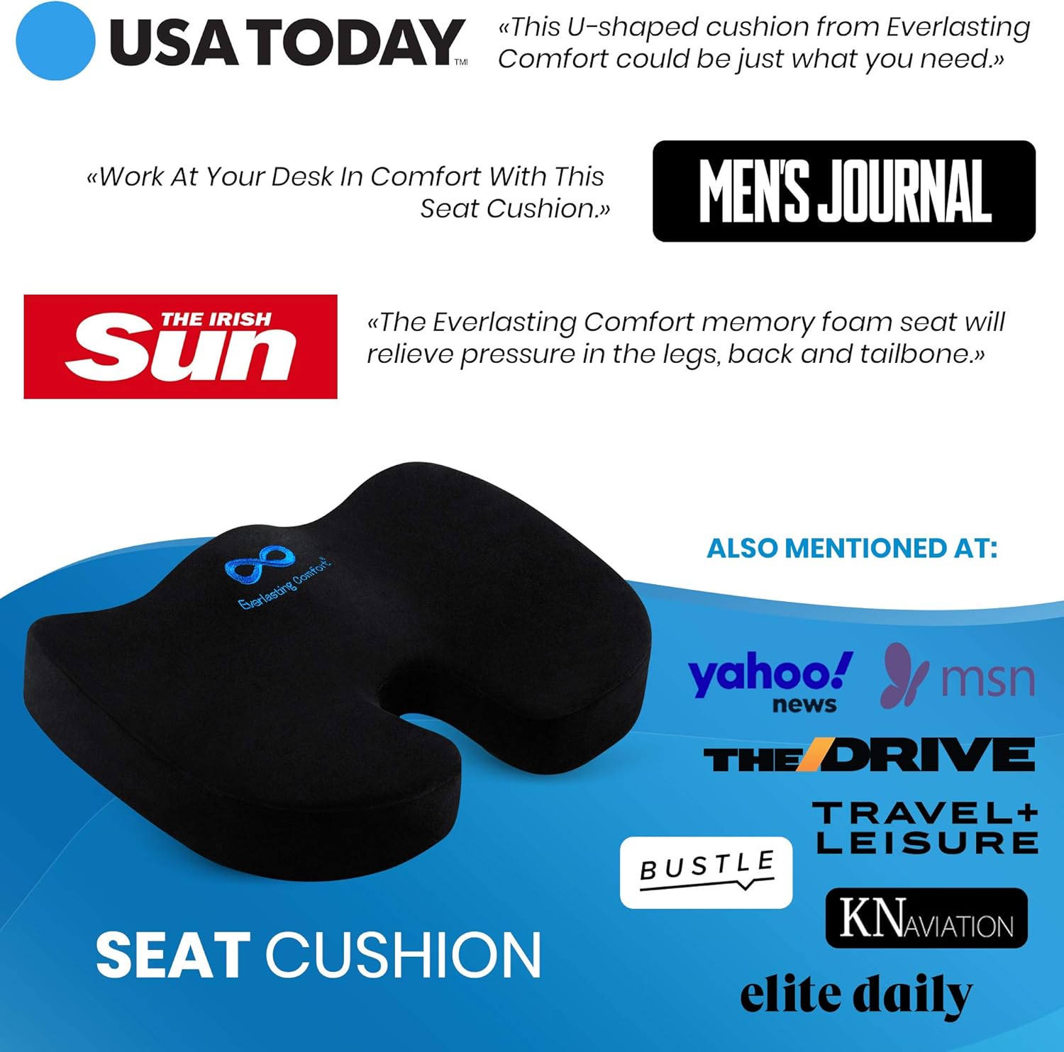 Everlasting Comfort Seat Cushion for Office Chair - Tailbone Cushion - Coccyx Cushion - Sciatica Pillow for Sitting (Black) : Office Products