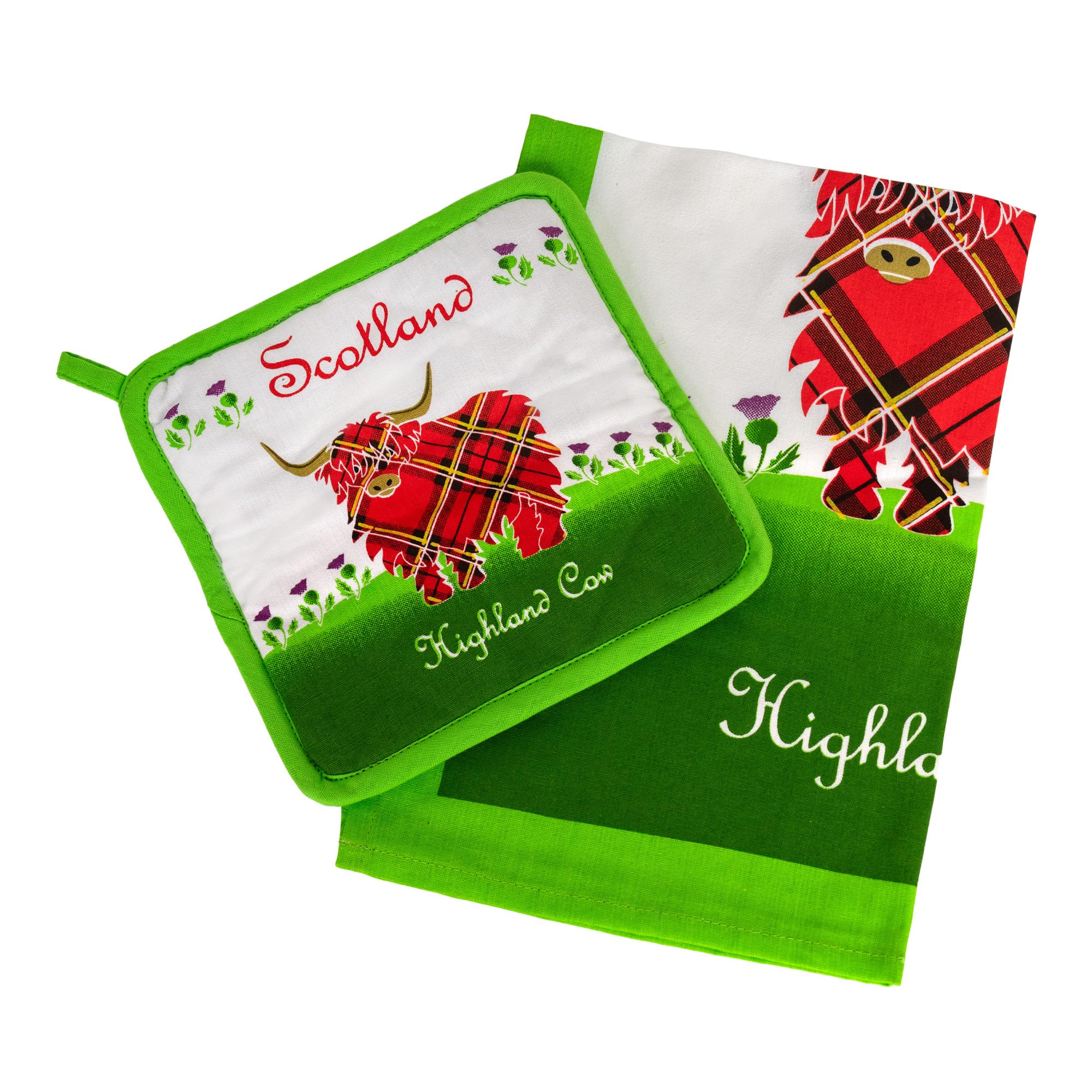 Royal Tara Scottish Cotton Tea Towel and Pot Holder with Highland Cow | Scotland Kitchen Dish Cloth Tartan Design | H67cm W45cm & H22cm W22cm