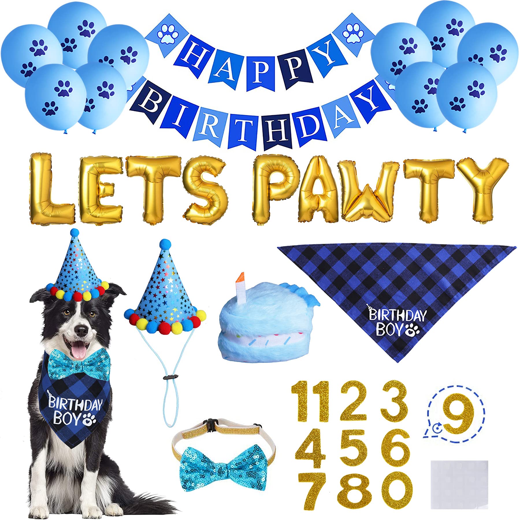 STMK Dog Birthday Party Supplies, Dog Birthday Hat with Numbers Bandana Bowtie Cake Toy Lets Pawty Paw Balloons Banner for Dogs
