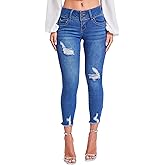 YMI Womens Junior Wannabettabutt 3-Button Mid-Rise Fray Hem Skinny Ankle Denim Jeans, Indigo Blue Rips, 7