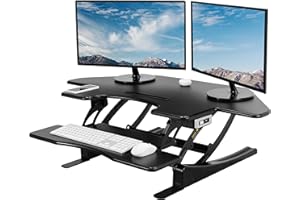 VIVO 43 inch Corner Electric Height Adjustable Cubicle Stand Up Desk Converter, VE Series, Sit to Stand Tabletop Dual Monitor Riser with USB Port, Black, DESK-V000VCE