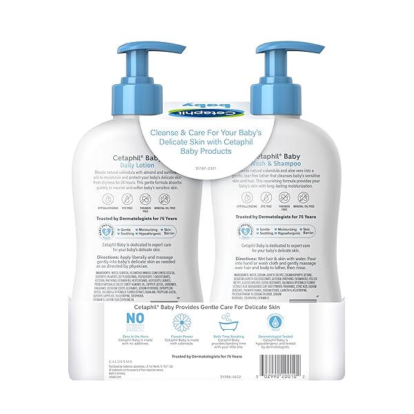 CETAPHIL BABY WASH & SHAMPOO PLUS BODY LOTION, HEALTHY SKIN ESSENTIALS, HEAD TO TOE HYDRATION FOR UP TO 24 HOURS, FOR DELICATE, SENSITIVE SKIN, 2-PACK,WHITE