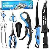 EZUVITA 7-Piece Fishing Tool Kit - Fishing Pliers with Lanyard and Protective Sheaths, 7-inch Fishing Knife, Fishing Lip Gripper, Fishing Scissors with Tool Retractor, Fishing Gifts for Fishmen