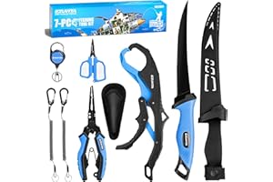 EZUVITA 7-Piece Fishing Tool Kit - Fishing Pliers with Lanyard and Protective Sheaths, 7-inch Fishing Knife, Fishing Lip Gripper, Fishing Scissors with Tool Retractor, Fishing Gifts for Fishmen
