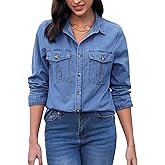 GRAPENT Denim Button Down Shirts for Women Long Sleeve Western Top Casual Cotton Relaxed Fit Jean Shirt Jacket Shacket