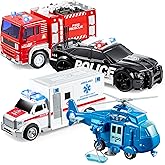 JOYIN 4 Packs Emergency Vehicle Toy Playsets, Friction Powered Vehicles with Light and Sound, Including Fire Truck, Ambulance