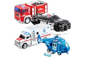 JOYIN 4 Packs Emergency Vehicle Toy Playsets, Friction Powered Vehicles with Light and Sound, Including Fire Truck, Ambulance, Play Police Car and Helicopter, Christmas Toddler Kids Boys Gifts