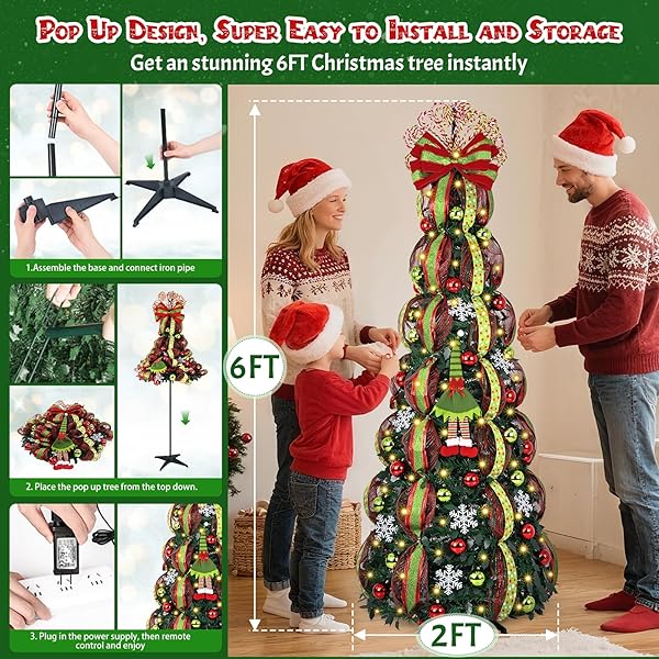 MARTINE MALL 6FT WHIMSICAL POP UP CHRISTMAS TREE WITH 8 MODE 180 WARM LIGHTS, COLLAPSIBLE FOLDABLE CHRISTMAS TREE PULL UP FULLY DECORATED XMAS TREES WITH 117PCS CHRISTMAS ORNAMENTS FOR INDOOR OUTDOOR
