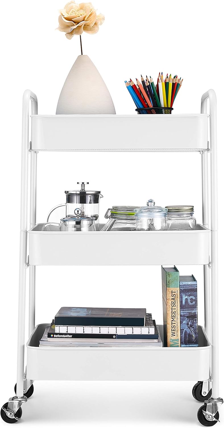 CAXXA 3-Tier Rolling Metal Storage Organizer - Mobile Utility Cart with Caster Wheels, White - Kitchen Islands & Carts