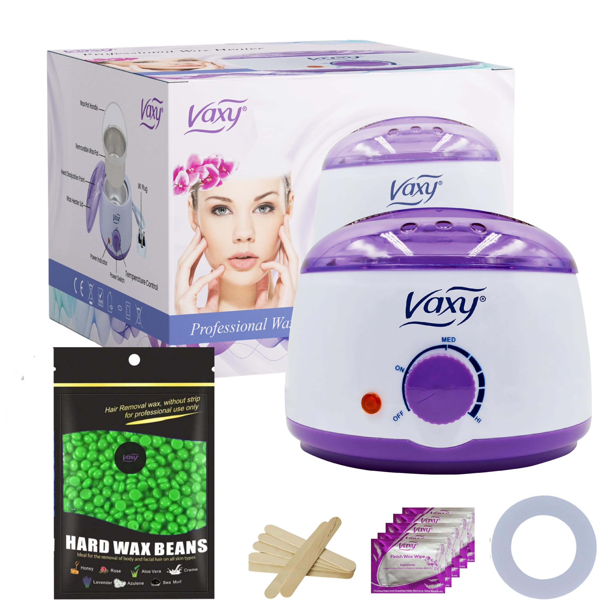Wax Warmer, Hair Removal Waxing Kit, Electric Pot Heater Melts with Accessories. Painless Rapid Waxing of Face, Body, Bikini Area, Total Home Waxing Solutions for Men & Women by Vaxy (Aloe)