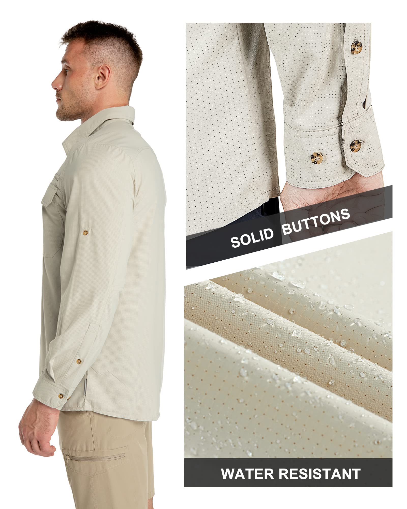 33,000ft Herren Sportshemd Langarmhemd Atmungsaktives Funktionshemd Schnelltrocknende Shirt Outdoorhemd für Männer Frühling Sommer Herbst Wandern Angeln Shirts Khak L 5