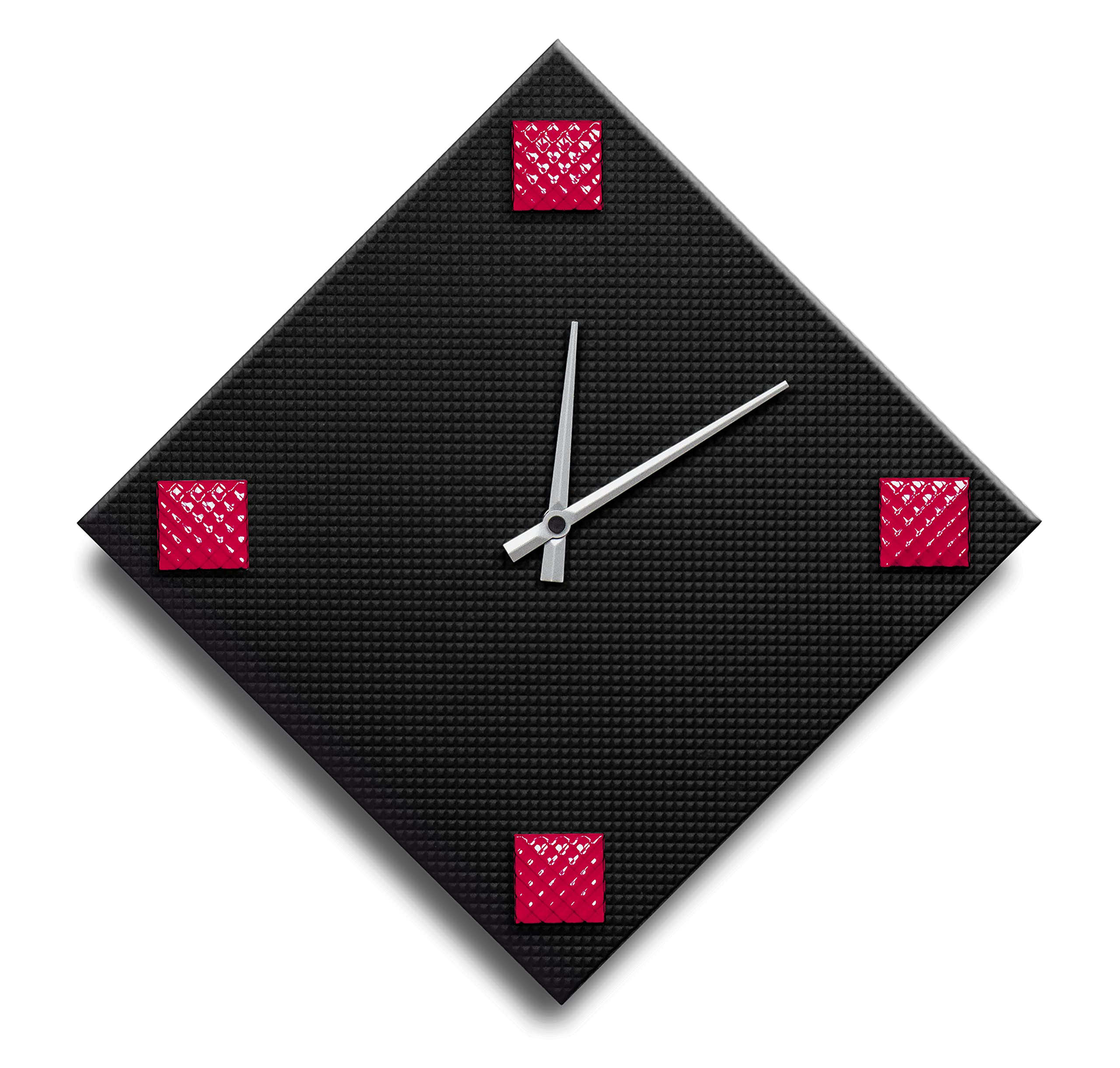 Mareli Wall Clock, Width 42 x 42 cm, Wooden Dial 4 mm covered with Black Embossed Paper with Application of 4 Studs in Coloured Enamelled Metal, Black and Red, Diamond Side 30