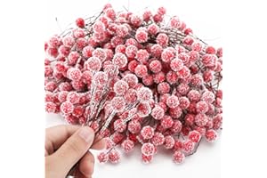 Suncalla 300 Pcs Snowy Artificial Holly Berry Stems Christmas Berry Picks Bulk Mini Fake Red Picks Flocked Ornaments for Christmas Tree Branches Fillers Wreath Home Xmas Winter Holiday Decorations