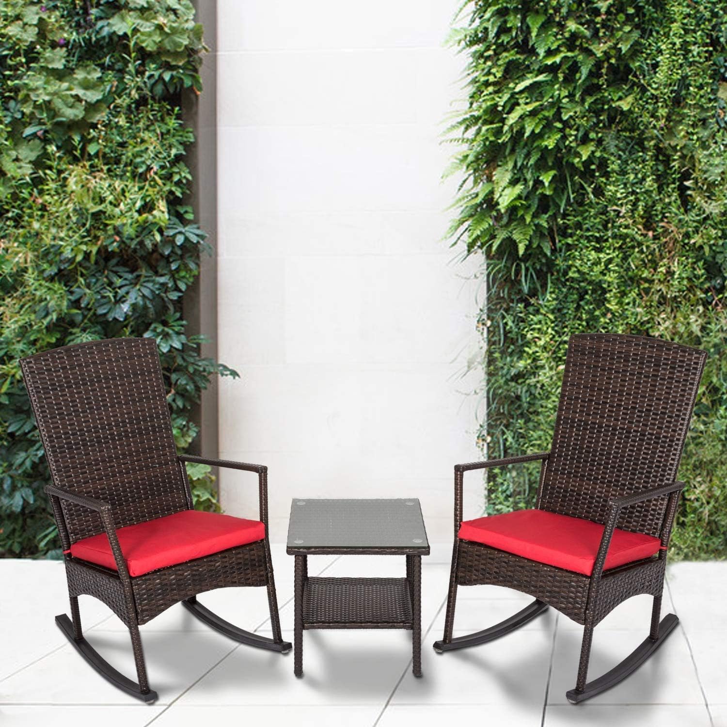 kinbor 3PCS Outdoor Rattan Rocker Chair Side Tea Table Set, Garden Rocking Wicker Lounge w/Red Cushion: Kitchen & Dining