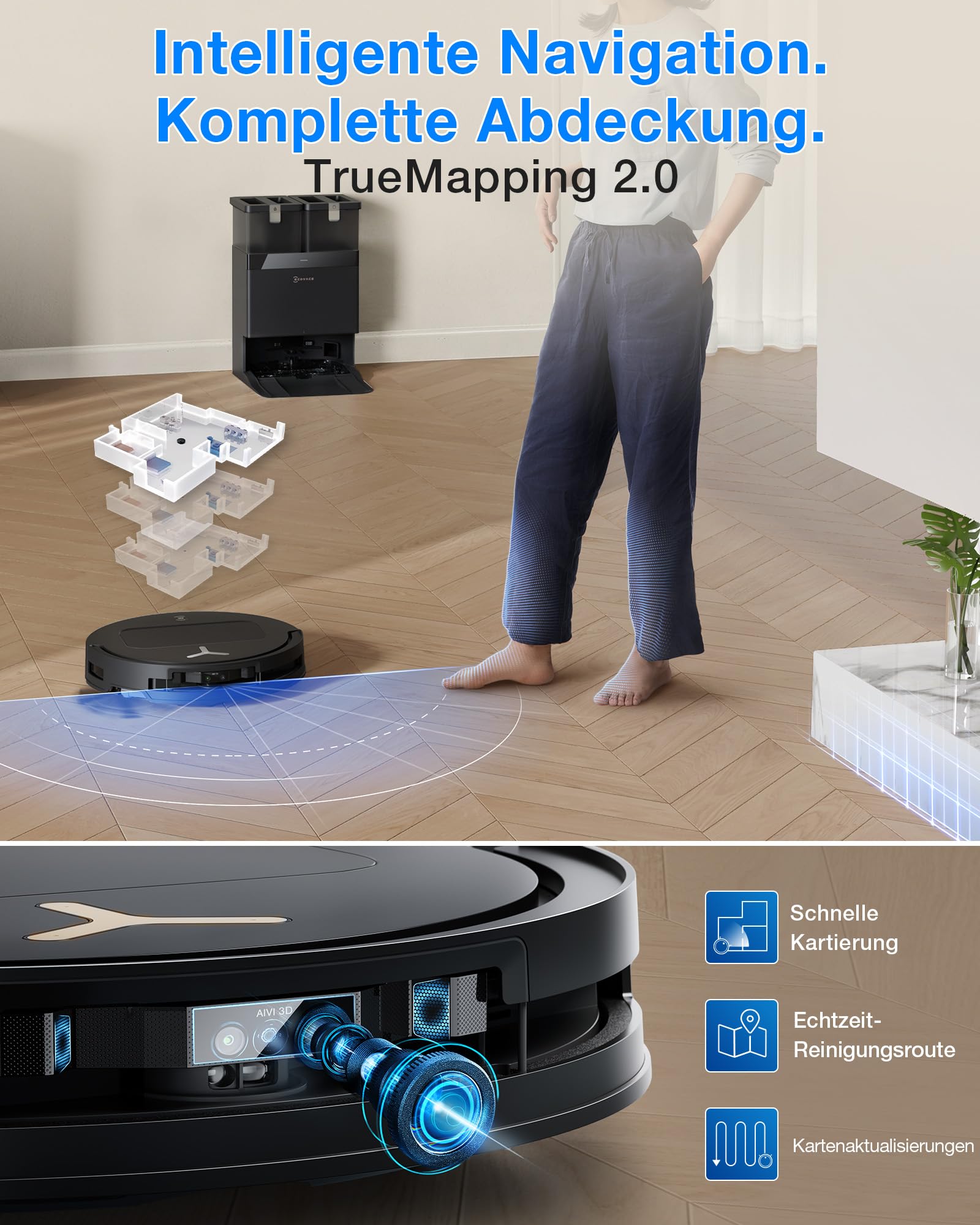 ECOVACS DEEBOT T50 PRO Omni Gen3 Saugroboter mit Wischfunktion, 25.000 Pa, AIVI 3D 3.0, autom. Zugabe v. Reinigungslösung, Reinigung des Mopps bei 75°C, Heißlufttrocknung, 81 mm, Glanzschwarz 8
