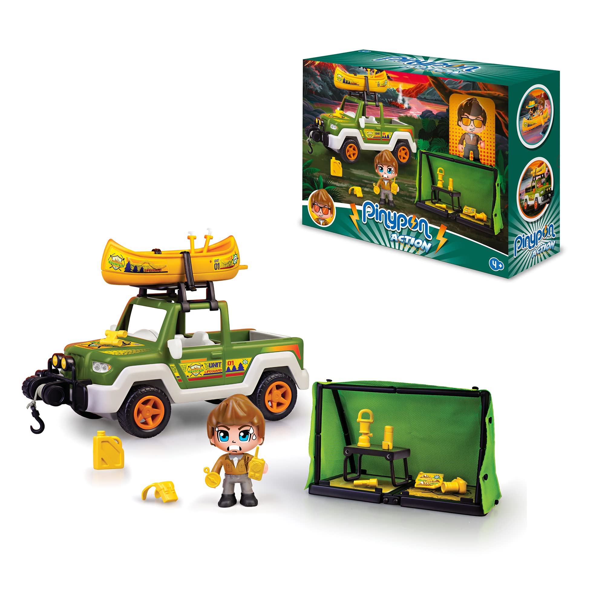 Pinypon Action Wild - Pickup truck with accessories to explore the forest, includes explorer figure, canoa boat and camping tent, recommended from 4 years (Famosa 700016301)