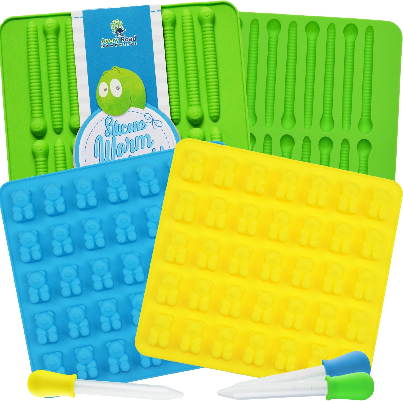 GUMMY BEAR MOLD Silicone & WORM Molds PARTY PACK - 3 BONUS Droppers + RECIPE PDF Non - BPA Premium Big Gummie Bears & Worms Candy Molding ~ Easy Soap, Ice Cube, Chocolate and Gelatin Trays