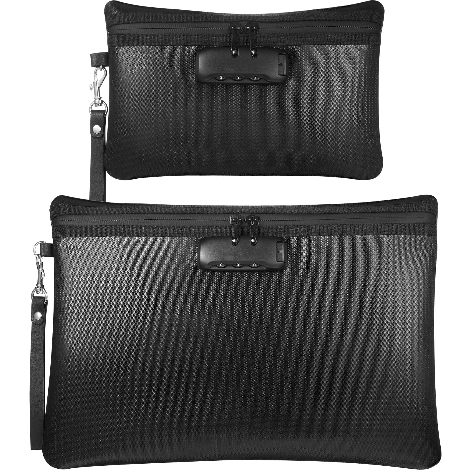 Nezyo Fireproof Safe Money Document Bag with Lock 2 Pcs Notary Journal Waterproof Bag with Zipper for A4 Storage Pouch File Passport Tablet, 14 x 10 Inch and 6.7 x 10 Inch(Black,Horizontal)
