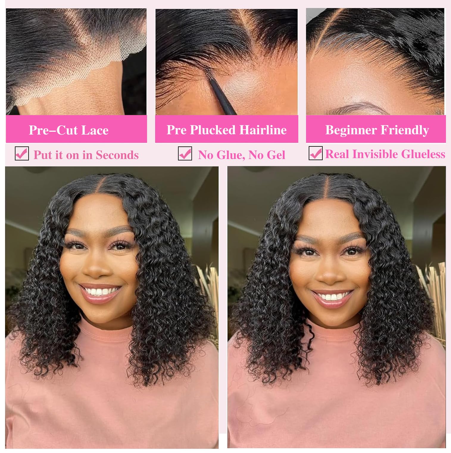 Fronbanis Bob Wig Human Hair Glueless Wigs Human Hair Pre Plucked Pre Cut 5x5 Short Curly Human Hair Wig For Black Women 180 Density Deep Wave Closure Wigs Human Hair 14 Inches Natural Black