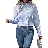 GORGLITTER Women's Striped Ruffle Shirt Stand Collar Long Sleeve Button Down Office Work Tops Business Casual Blouse