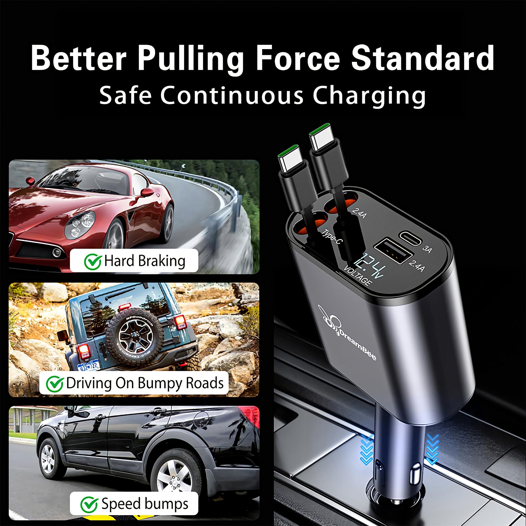 DreamBee Retractable Car Charger,66W Super Fast USB Car Phone Charger,Dual TypeC Retractable Cables Gifts for Men Women Car Truck Accessories for Samsung Galaxy S23+/S23/ S22 iPhone 15/14,iPad