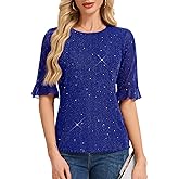HomRain Womens Ruffle 3/4 Sleeve Sparkle Top Blouses Casual Shirts Crew Neck Glitter Night Out Tops for Elegant Evening