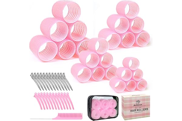 4 Sizes Self-Grip Hair Rollers Set with Clips - 4 Sizes for Long, Short Hair & Bangs (25mm, 36mm, 48mm, 60mm), Pink (PINK, 4