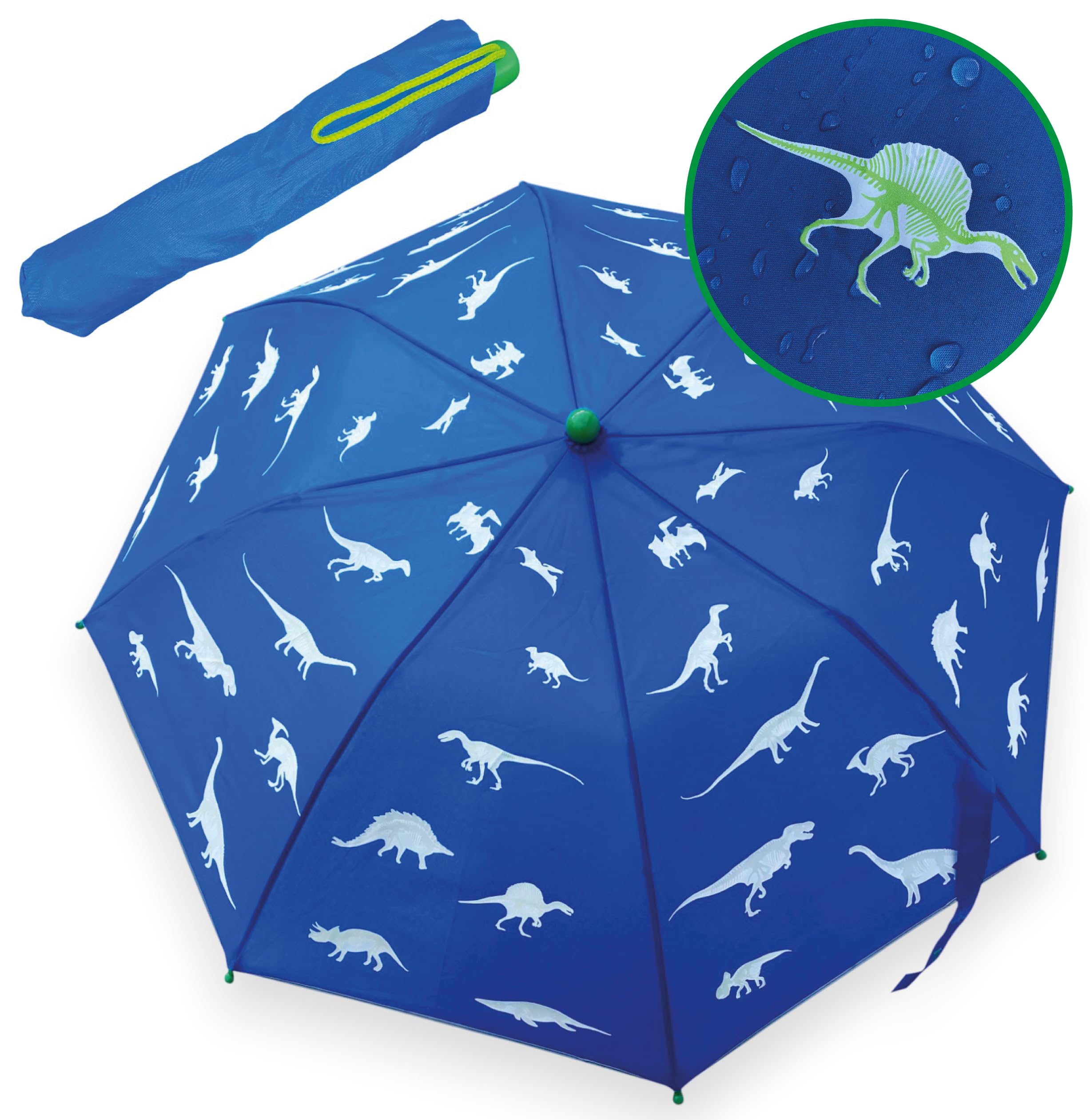 HECKBO Magic Umbrella Dino Dinosaur - changes color in the rain - folding umbrella fits into any backpack with reflectors on all sides - wooden handle & protective caps - protective case for storage