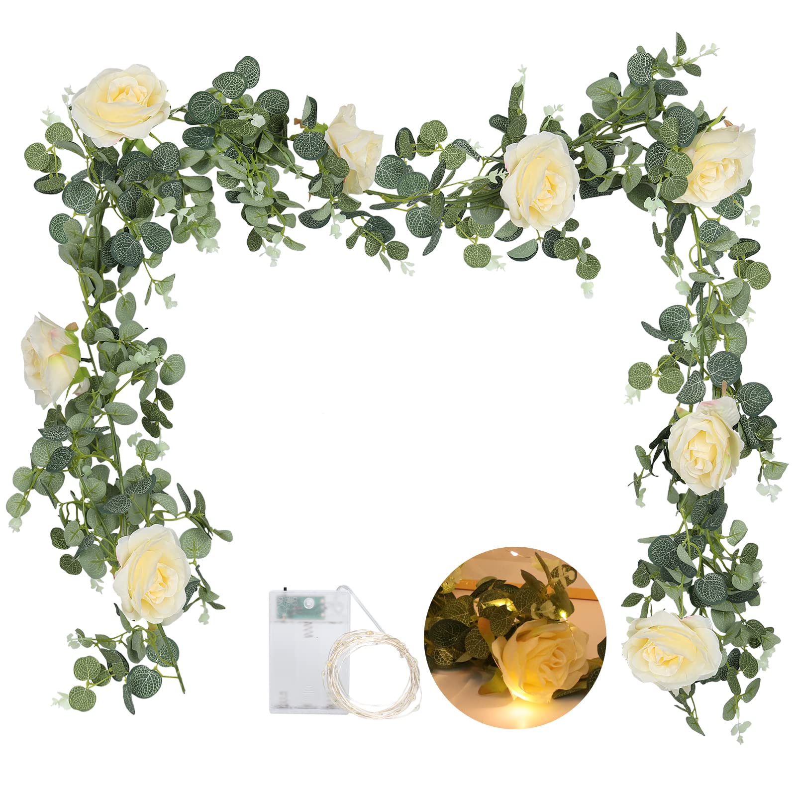 RECUTMS Artificial Rose Garland 5.9FT Faux Silk Flowers Vine with 30LED Fairy Light Fake Peony Hanging Floral Plants for Valentine's Day Arch Wedding Party Home Garden Indoor Outdoor Décor(Champagne)