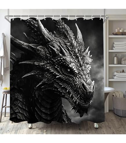 OLEBETY Duschvorhang-Set Mit Drachen-Muster – Wasserdichter Stoff, 3 Teppiche, 183x183 Cm, Fantasy Design