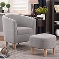 DAZONE Accent Chair with Ottoman, Mid Century Modern Barrel Comfy Fabric Armchair and Footrest Set, Upholstered Club Tub Round Arms Chair for Living Room Bedroom Reading Room, Grey
