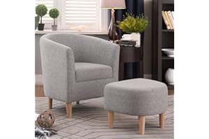 DAZONE Accent Chair with Ottoman, Mid Century Modern Barrel Comfy Fabric Armchair and Footrest Set, Upholstered Club Tub Round Arms Chair for Living Room Bedroom Reading Room, Grey