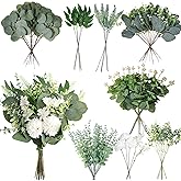 111 Pcs Mixed Artificial Eucalyptus Leaves Stems and Faux Flowers,Bulk Faux Silver Dollar Eucalyptus Stems Faux Plant Branches for DIY Floral Bouquet Wedding Greenery Arrangement Home Decor