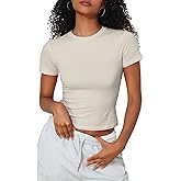 Hilor Women's Casual Basic Cotton T-Shirts Short Sleeve Y2K Going Out Crop Tops Baby Tees Tight Fitted Crew Neck T Shirts